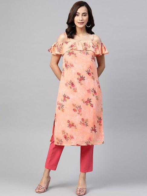 jompers peach floral print flared kurta