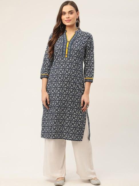 jompers blue pure cotton floral print straight kurta