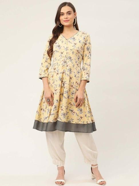 jompers yellow pure cotton floral print flared kurta