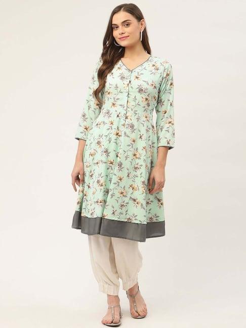 jompers green pure cotton floral print flared kurta