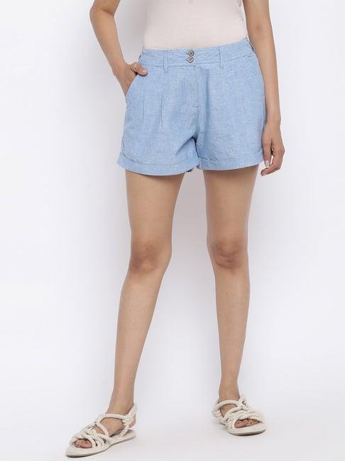 fabindia blue cotton mid rise shorts