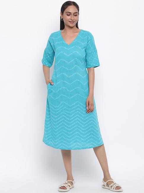 fabindia blue cotton printed a-line dress