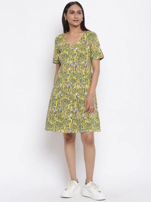 fabindia yellow cotton floral print a-line dress