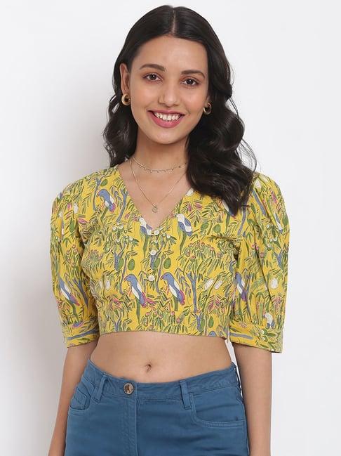 fabindia yellow cotton floral print crop top