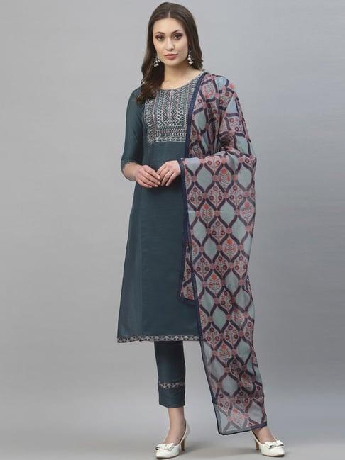 satrani grey embroidered kurta pant set with dupatta