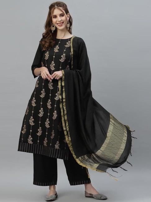 satrani black printed kurta pant set with dupatta