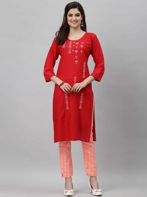 satrani red embroidered kurta pant set