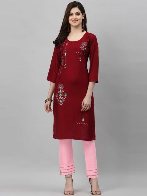 satrani maroon embroidered kurta pant set