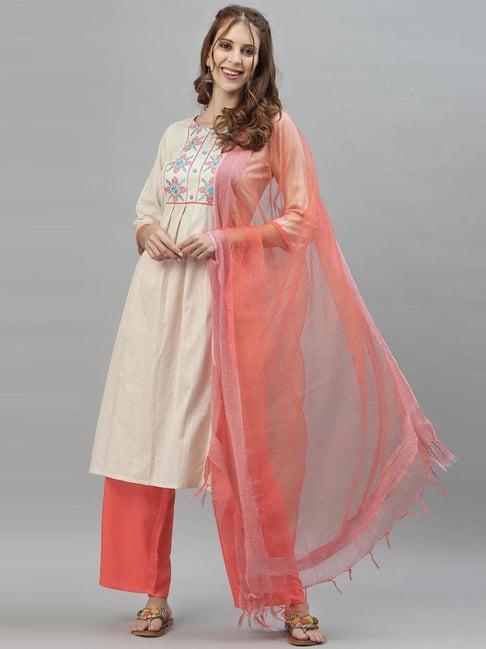 satrani off-white & peach embroidered kurta pant set with dupatta