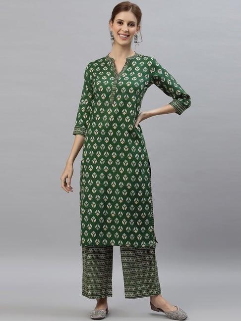 satrani green printed kurta pant set