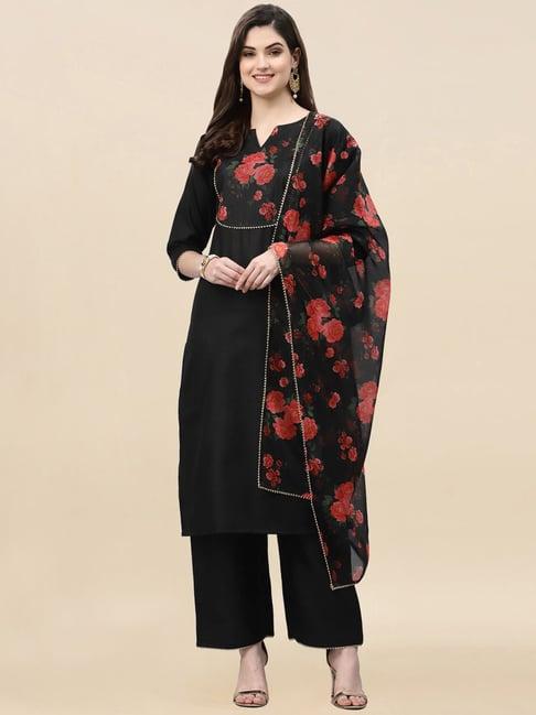 satrani black floral print kurta pant set with dupatta