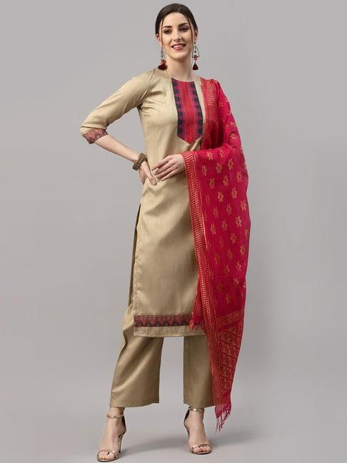 satrani beige printed kurta pant set with dupatta