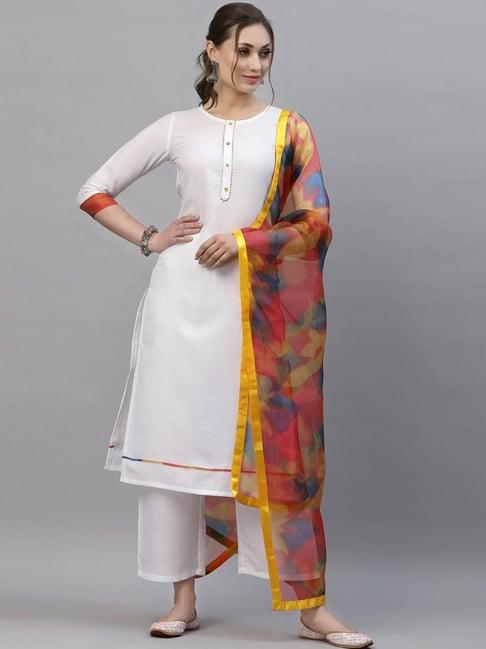 satrani white kurta pant set with dupatta