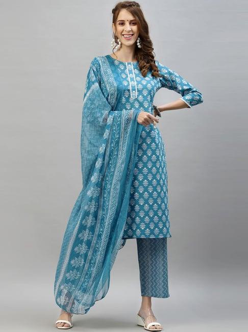 satrani blue cotton printed kurta pant set with dupatta