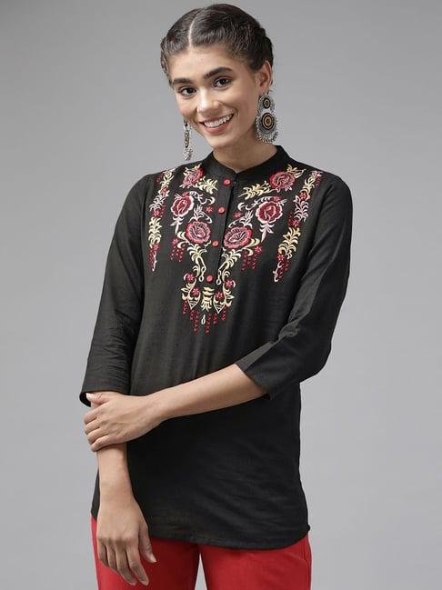 yufta black cotton embroidered top