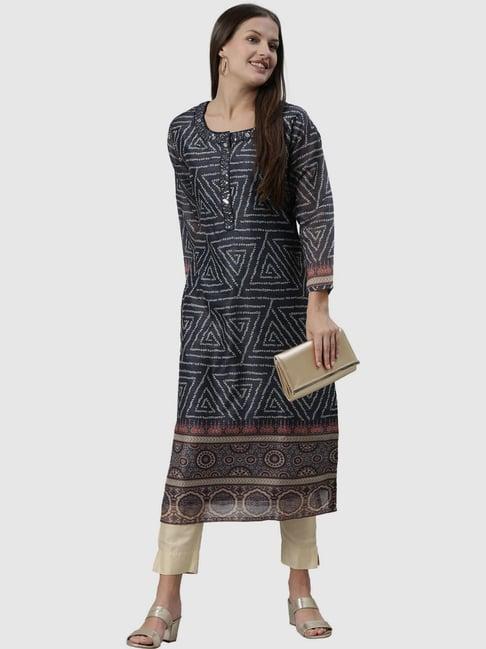 neerus navy bandhani print straight kurta