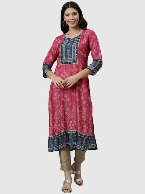 neerus pink bandhani print straight kurta