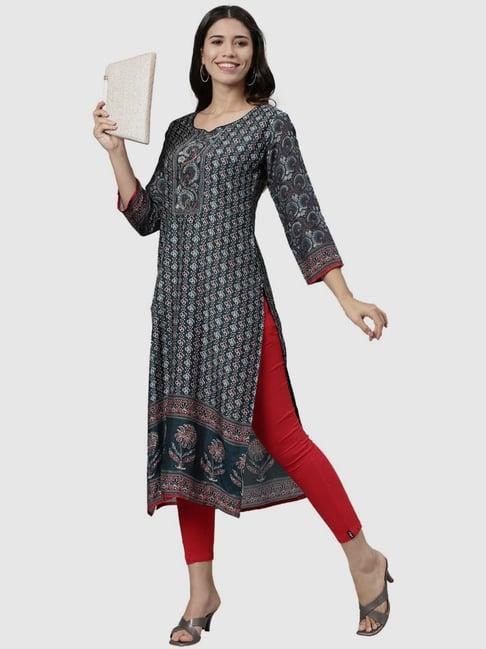 neerus teal green printed straight kurta