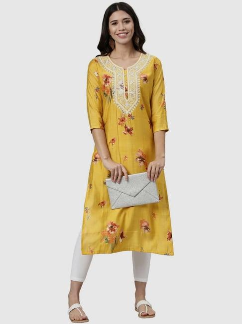 neerus mustard embroidered straight kurta