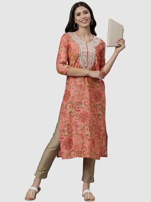 neerus peach embroidered straight kurta