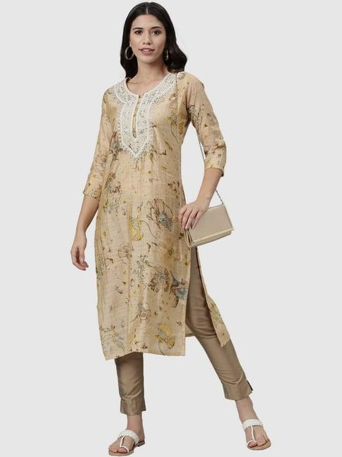 neerus beige embroidered straight kurta