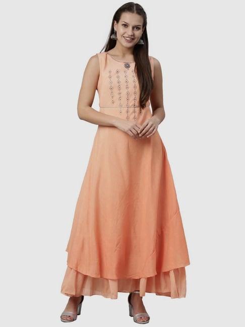 neerus peach embellished flared kurta