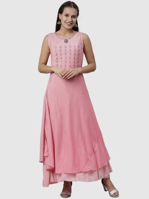 neerus pink embellished flared kurta