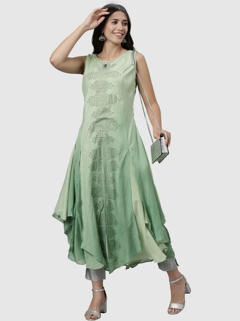 neerus green embellished a line layered kurta