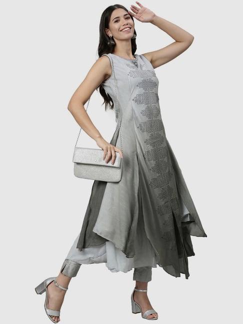 neerus grey embellished a line layered kurta