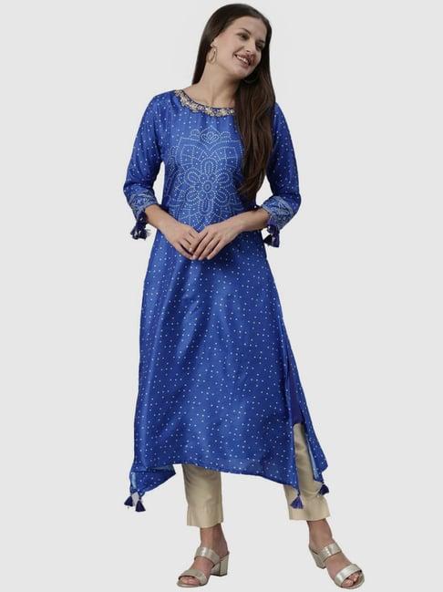 neerus blue bandhani print straight kurta