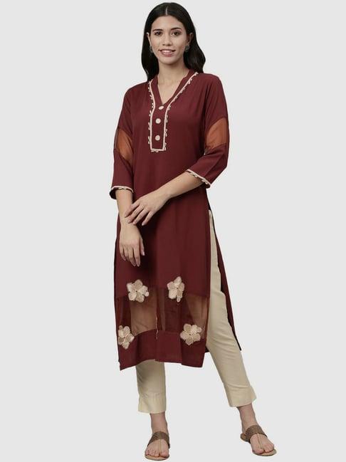 neerus brown embroidered straight kurta