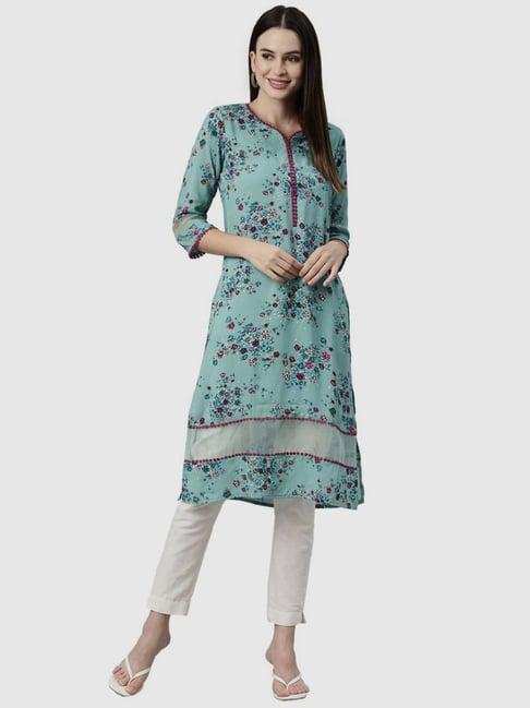 neerus turquoise floral print straight kurta