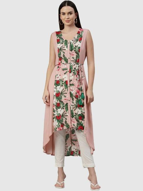 neerus pink floral print high low kurta