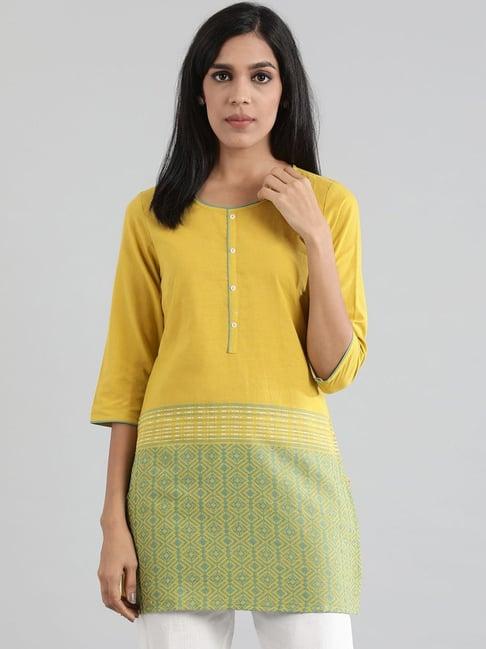 aurelia yellow cotton woven pattern straight kurti