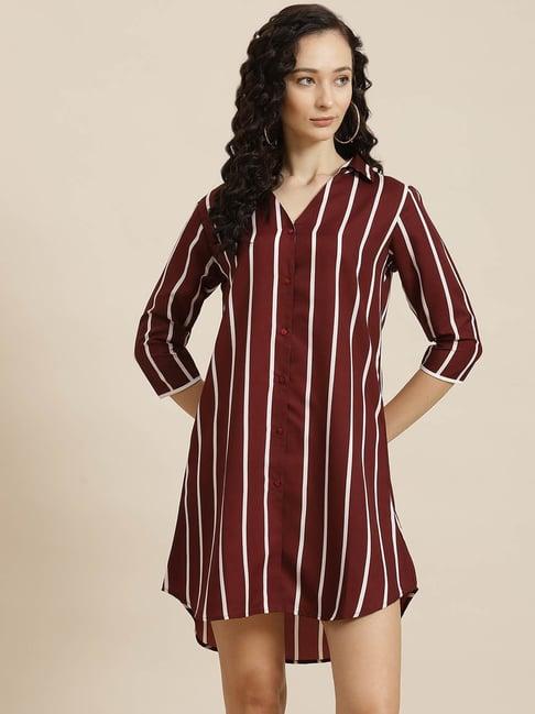 qurvii wine & maroon striped shirt dress