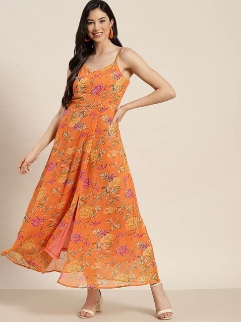 qurvii orange floral print maxi dess