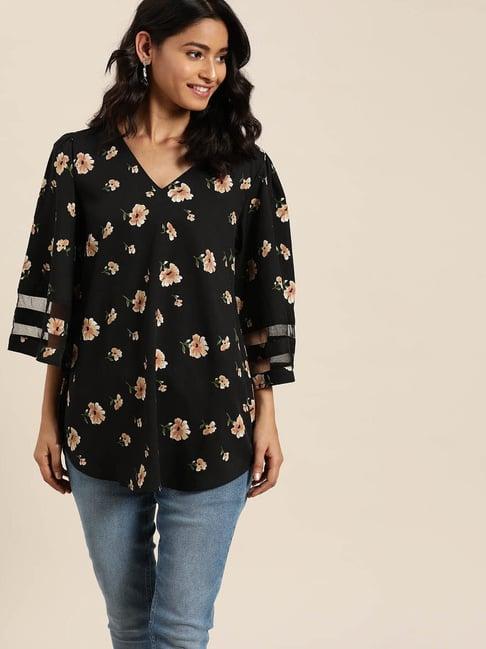 qurvii black floral print top