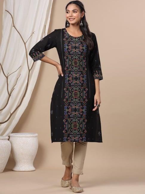 juniper black ethnic motif printed rayon flex straight kurta