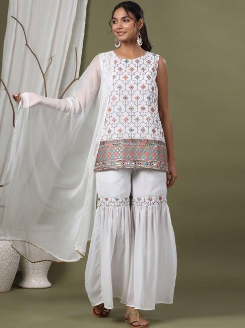 juniper white embroidered kurti sharara set with dupatta