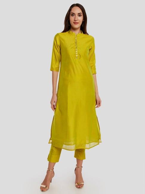 desi weavess lime green kurta pant set