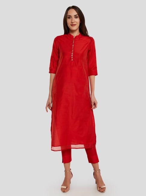 desi weavess red kurta pant set