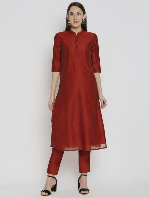 desi weavess red kurta pant set