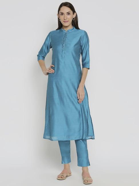 desi weavess teal blue kurta pant set