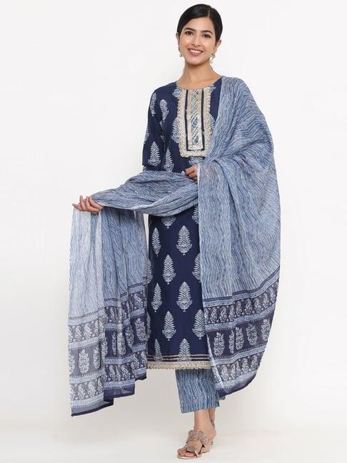 yufta blue cotton printed kurta pant set with dupatta