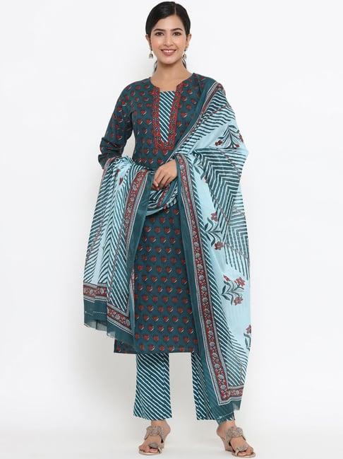 yufta blue cotton printed kurta pant set with dupatta