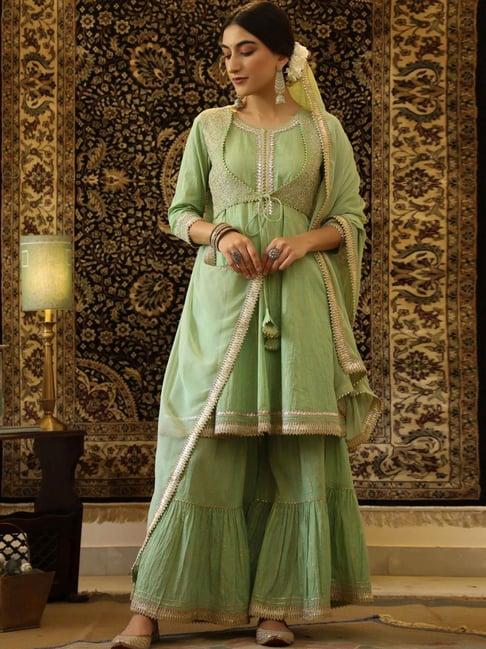 scakhi pista green cotton zari work kurta sharara set with dupatta