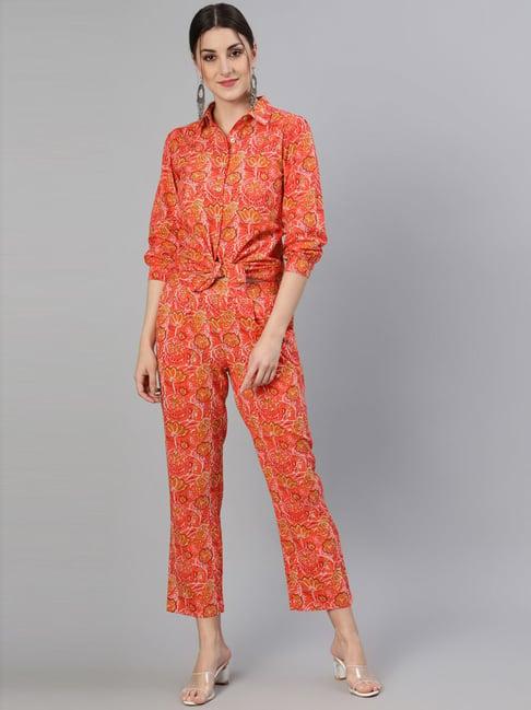 jaipur kurti orange pure cotton printed shirt pant set