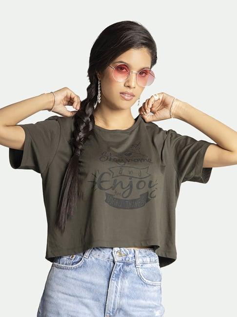 edrio olive graphic print crop t-shirt