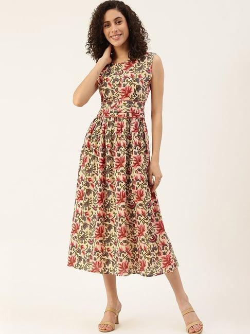 maaesa beige cotton floral print a-line dress