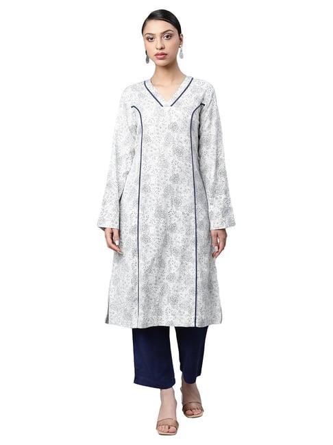 linen club woman white & blue printed kurta & palazzo set